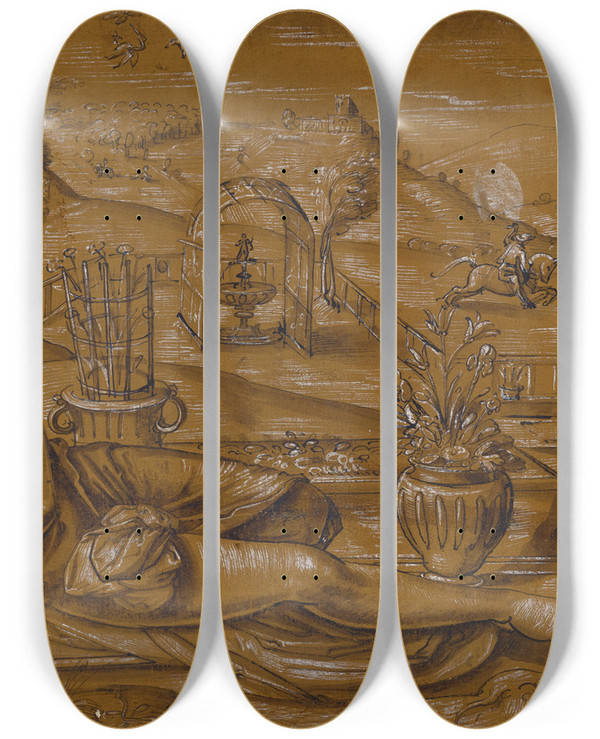 Triptych art skateboard deck of Hans Bock The Elder Allegory Of Spring by Hans Bock The Elder (1550-1624)