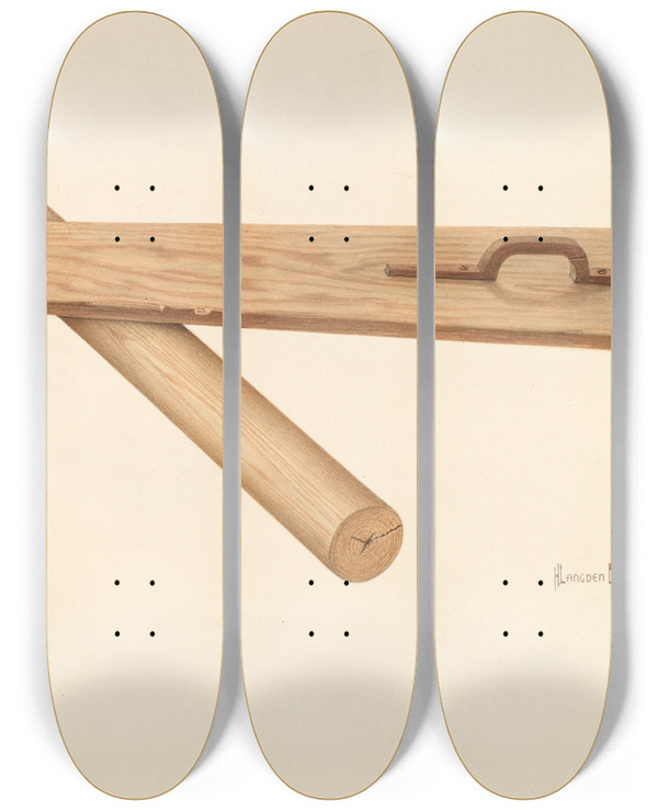 Triptych art skateboard deck of H Langden Brown Bishop Hill Mangler by H Langden Brown