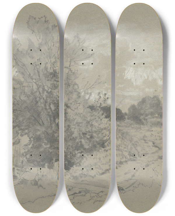 Triptych art skateboard deck of Hermann Baisch Shrubbery At A Pond by Hermann Baisch (1846-1894)