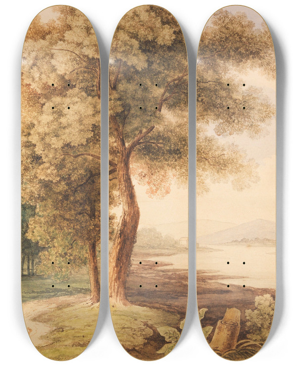 Triptych art skateboard deck of Ferdinand Kobell Mittelrheinische Flulandschaft by Ferdinand Kobell (1740-1799)