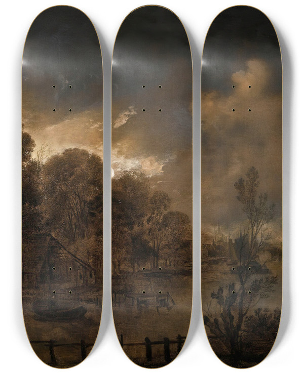 Triptych art skateboard deck of Aert Van Der Neer A Canal By Moonlight by Aert van der Neer (1603-1677)