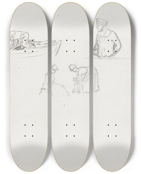 Triptych art skateboard deck of Hans Gude Figurstudier Rgen by Hans Gude (1825-1903)