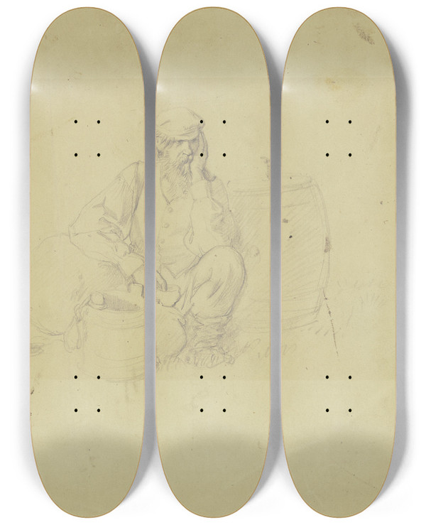 Triptych art skateboard deck of Wilhelm Amandus Beer Russischer Bauer Sinnend Bei Seinen Vorrten Sitzend by Wilhelm Amandus Beer (1837-1907)