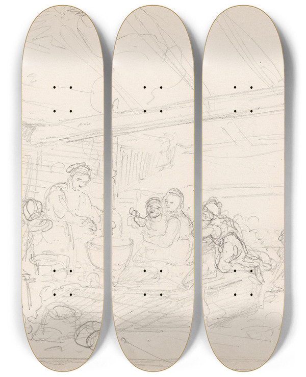 Triptych art skateboard deck of Adolph Tidemand Evening In A Smoking Room by Adolph Tidemand (1814-1876)