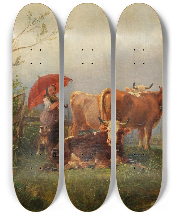 Triptych art skateboard deck of Anton Braith Der Rote Schirm by Anton Braith (1836-1905)
