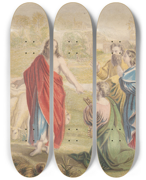 Triptych art skateboard deck of George Baxter Christs Charge To Peter by George Baxter (1804-1867)