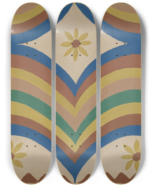 Triptych art skateboard deck of Majel G Claflin Colcha_16 by Majel G Claflin (1893-1941)