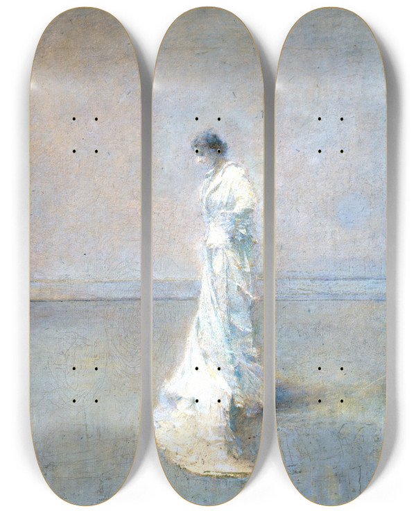 Triptych art skateboard deck of Thomas Wilmer Dewing The White Dress by Thomas Wilmer Dewing (1851-1938)