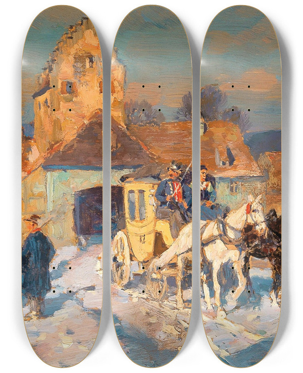 Triptych art skateboard deck of Wilhelm Velten A Post Coach In Winter by Wilhelm Velten (1847-1929)