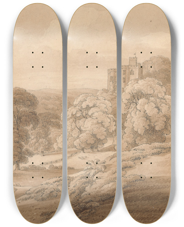 Triptych art skateboard deck of Joseph Powell Dunster Castle Somerset by Joseph Powell (1780-1834)