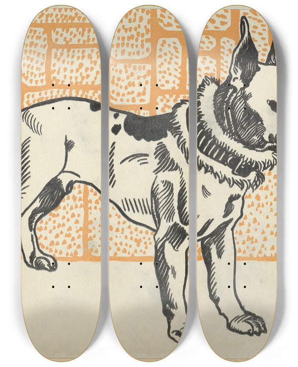 Triptych art skateboard deck of Moriz Jung Pitbull Terrier by Moriz Jung (1885-1915)