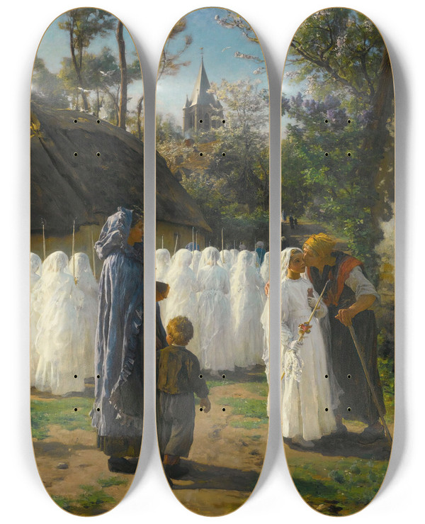 Triptych art skateboard deck of Jules Breton Les Communiantes by Jules Breton (1827-1906)