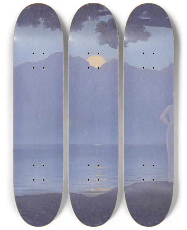 Triptych art skateboard deck of Alphonse Osbert Harmonie Lunaire by Alphonse Osbert (1857-1939)