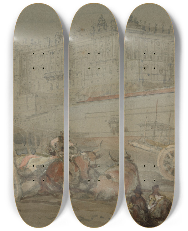 Triptych art skateboard deck of David Roberts The Royal Palace Madrid 1832 by David Roberts (1796-1864)