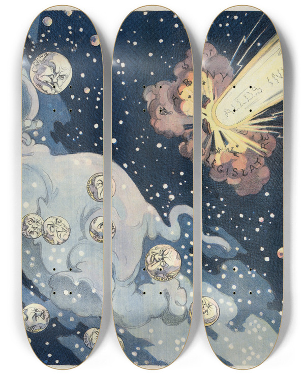 Triptych art skateboard deck of Udo Keppler Where Will It Strike Next by Udo Keppler (1872-1956)