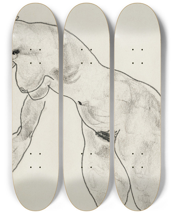 Triptych art skateboard deck of Egon Schiele Hockender Weiblicher Akt by Egon Schiele (1890-1918)