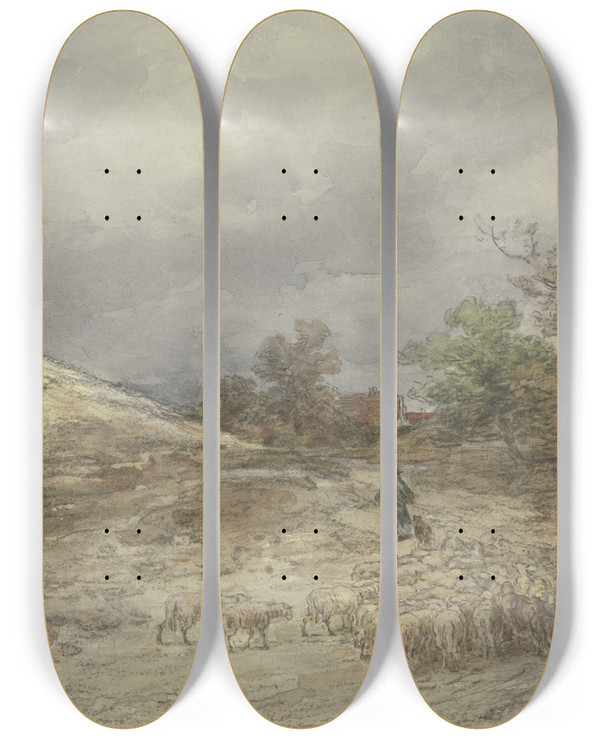 Triptych art skateboard deck of Anton Burger Hohlweg Mit Schafherde Bei Kelsterbach by Anton Burger (1824-1905)