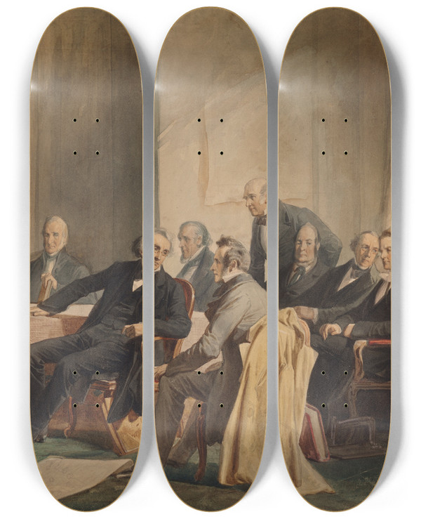 Triptych art skateboard deck of Christian Schussele Men Of Progress_3 by Christian Schussele (1824-1879)