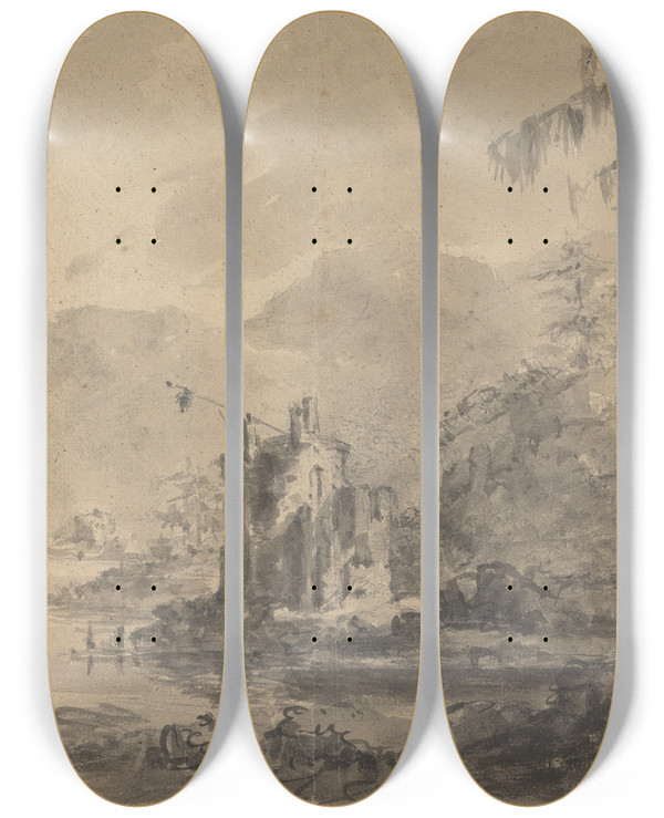 Triptych art skateboard deck of William Gilpin River Landscape With Castles by William Gilpin (1724-1804)