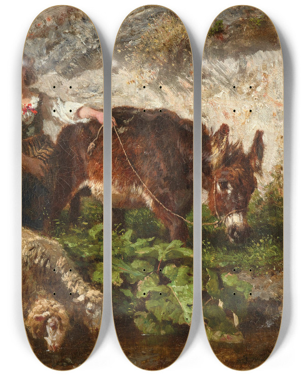 Triptych art skateboard deck of Filippo Palizzi The Young Shepherdess by Filippo Palizzi (1818-1899)