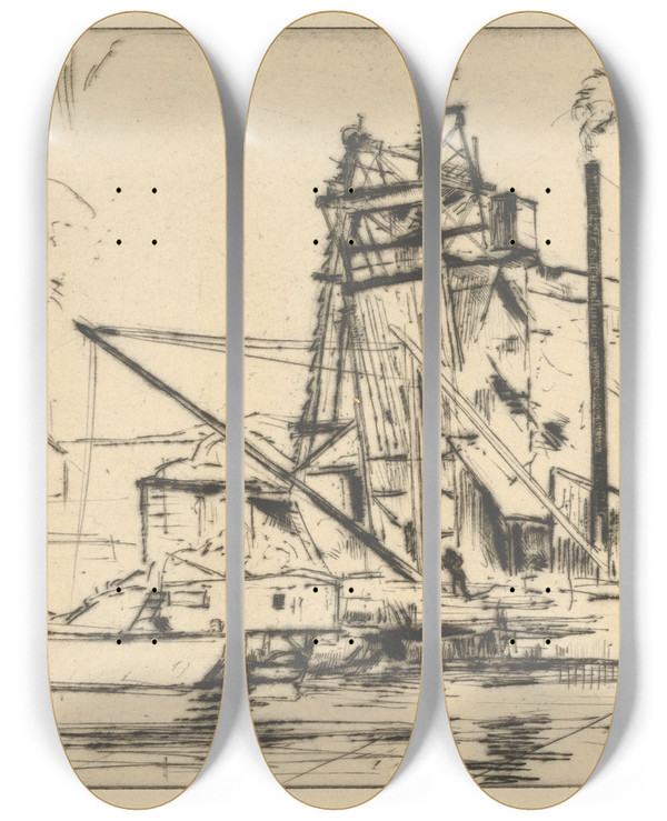 Triptych art skateboard deck of Ernest Haskell Bridgeport Docks by Ernest Haskell (1876-1925)