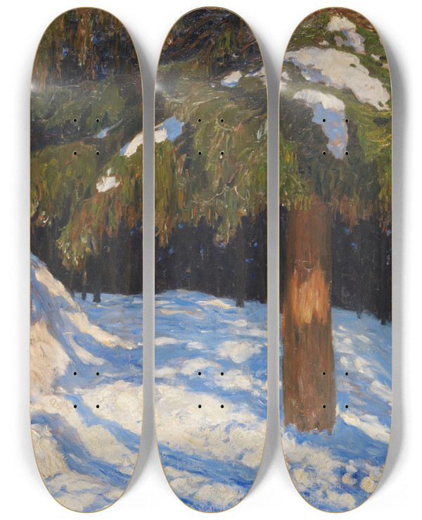 Triptych art skateboard deck of Fritz Overbeck Tannenwald Im Schnee by Fritz Overbeck (1869-1909)