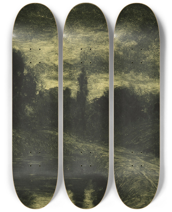 Triptych art skateboard deck of Joseph Henry Sharp Afterglow by Joseph Henry Sharp (1859-1953)