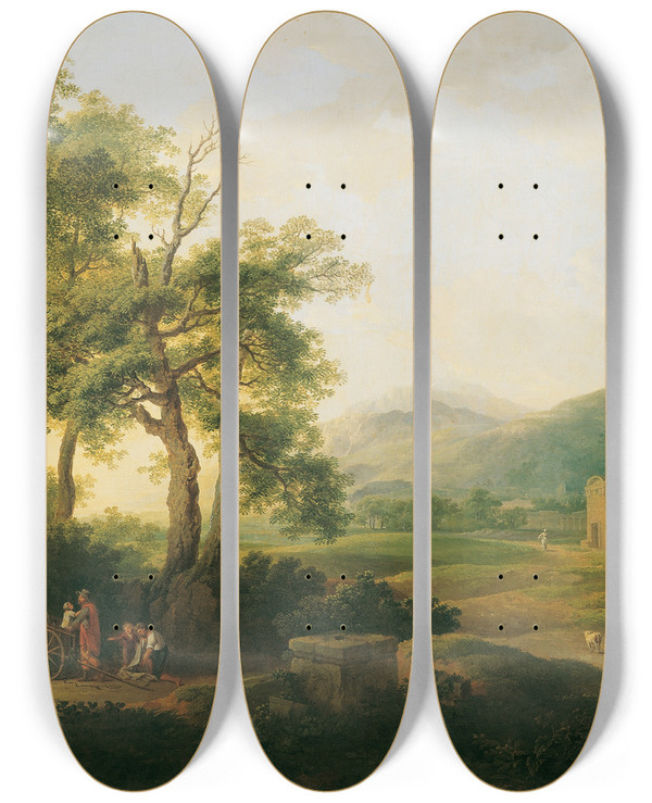 Triptych art skateboard deck of Carl Philipp Schallhas Arkadische Landschaft by Carl Philipp Schallhas (1767-1797)