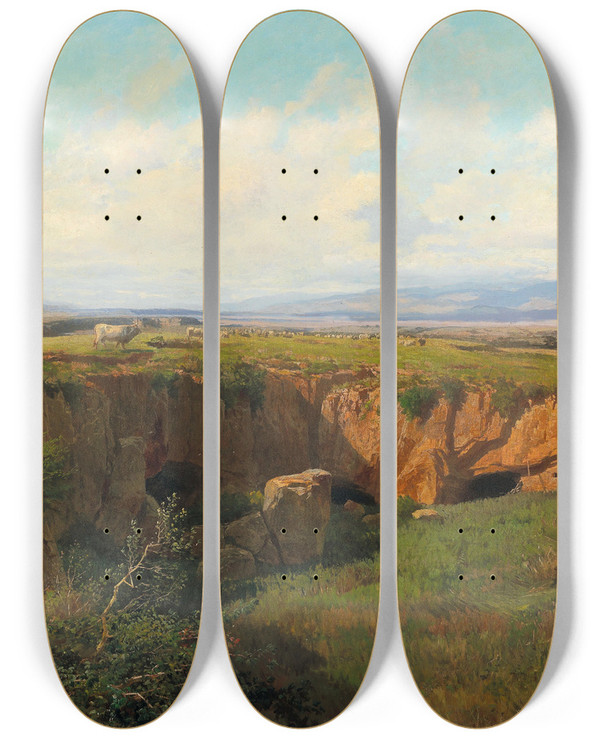 Triptych art skateboard deck of Pietro Sassi Roman Campagna Landscape With Shepherd by Pietro Sassi (1834-1905)