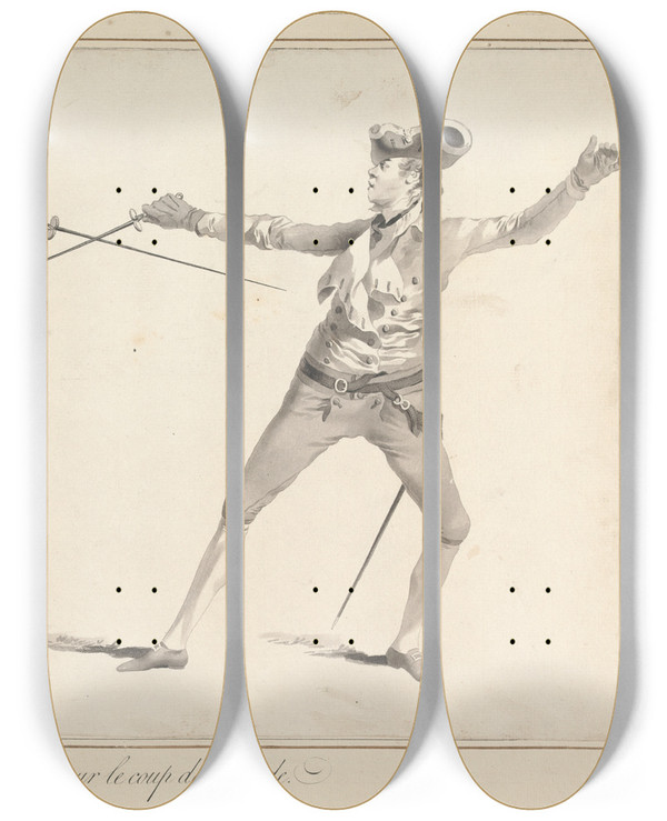 Triptych art skateboard deck of James Gwin De La Parade De Seconde Sur Le Coup De Seconde by James Gwin (1720-1769)