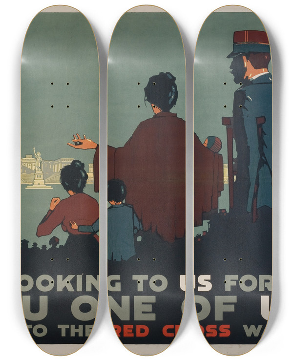 Triptych art skateboard deck of Nathaniel Lord Britton They Are Looking To Us For Help by Nathaniel Lord Britton