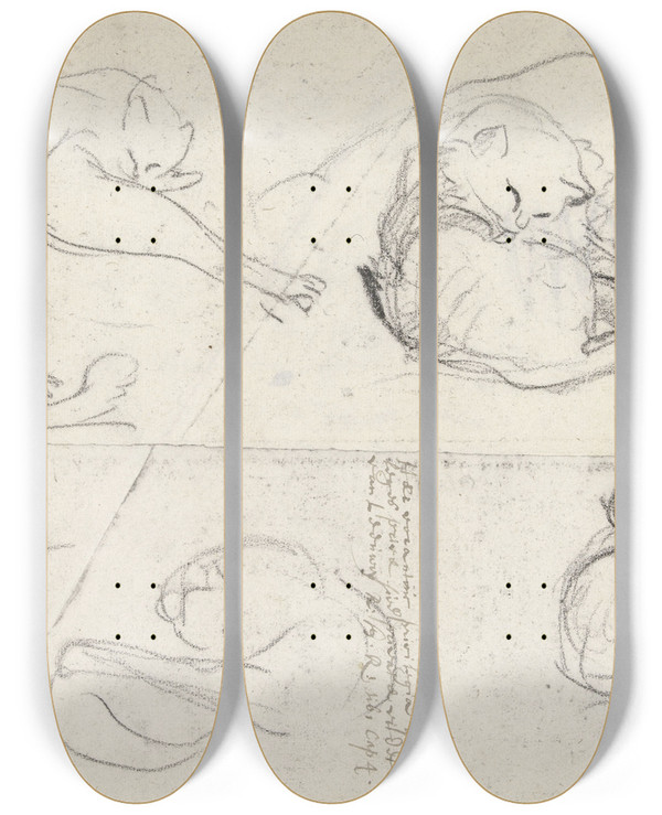 Triptych art skateboard deck of Marius Bauer Schetsen Van Een Poes by Marius Bauer (1867-1932)