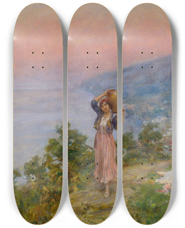 Triptych art skateboard deck of Vincenzo Migliaro Sunset In Spring by Vincenzo Migliaro (1858-1938)