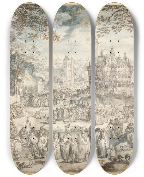 Triptych art skateboard deck of David Vinckboons Kermesse_2 by David Vinckboons (1576-1629)
