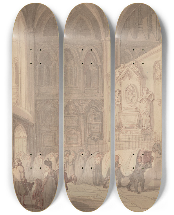 Triptych art skateboard deck of Thomas Rowlandson Poets Corner Westminster Abbey by Thomas Rowlandson (1756-1827)