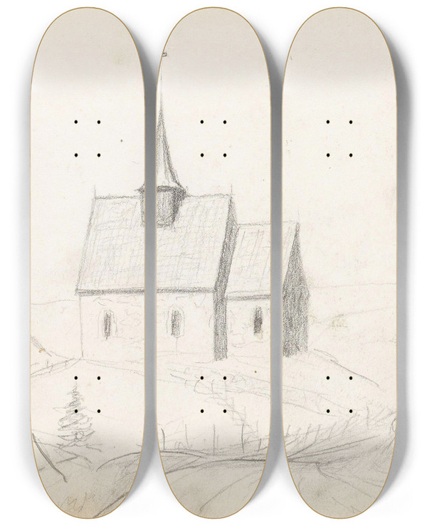 Triptych art skateboard deck of Hans Gude Slidredomen I Valdres by Hans Gude (1825-1903)