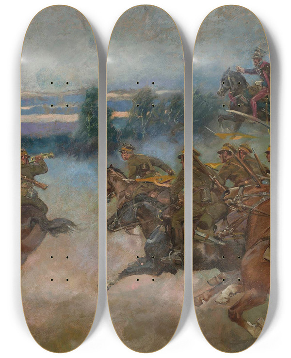 Triptych art skateboard deck of Wojciech Kossak Cavalry Charging by Wojciech Kossak (1857-1942)