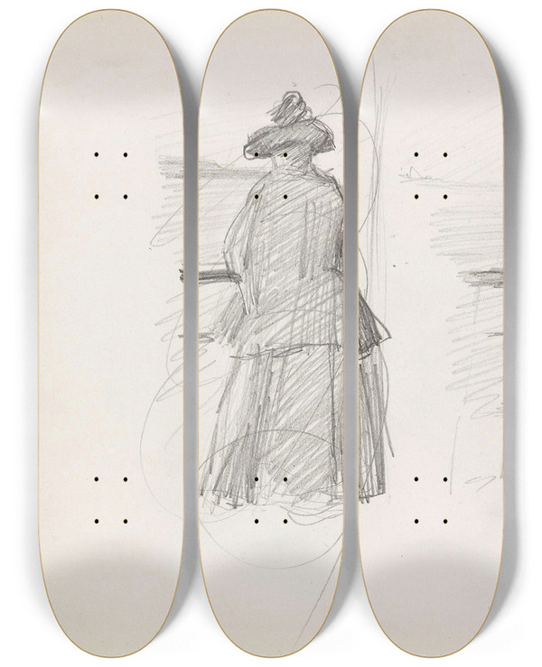 Triptych art skateboard deck of Signe Scheel Avreise Fra Antwerpen by Signe Scheel (1860-1942)