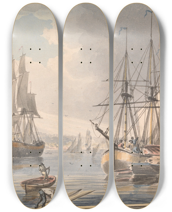 Triptych art skateboard deck of John Cleveley The Younger Deptford Dockyard Kent by John Cleveley The Younger
