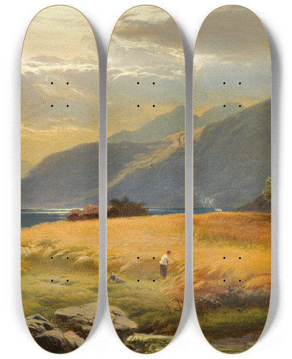Triptych art skateboard deck of Sidney Richard Percy The Highland Loch by Sidney Richard Percy (1821-1886)