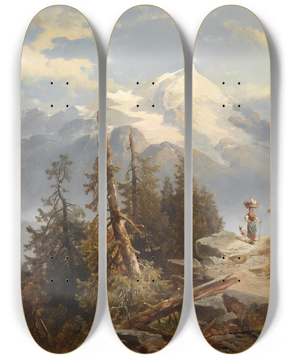 Triptych art skateboard deck of Josef Thoma Alpenlandschaft by Josef Thoma (1828-1899)