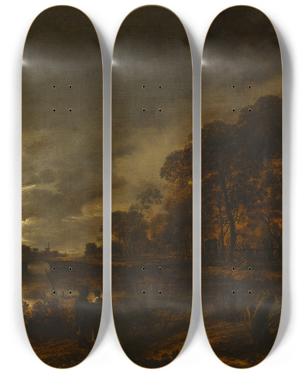 Triptych art skateboard deck of Aert Van Der Neer Moonlight Landscape by Aert van der Neer (1603-1677)