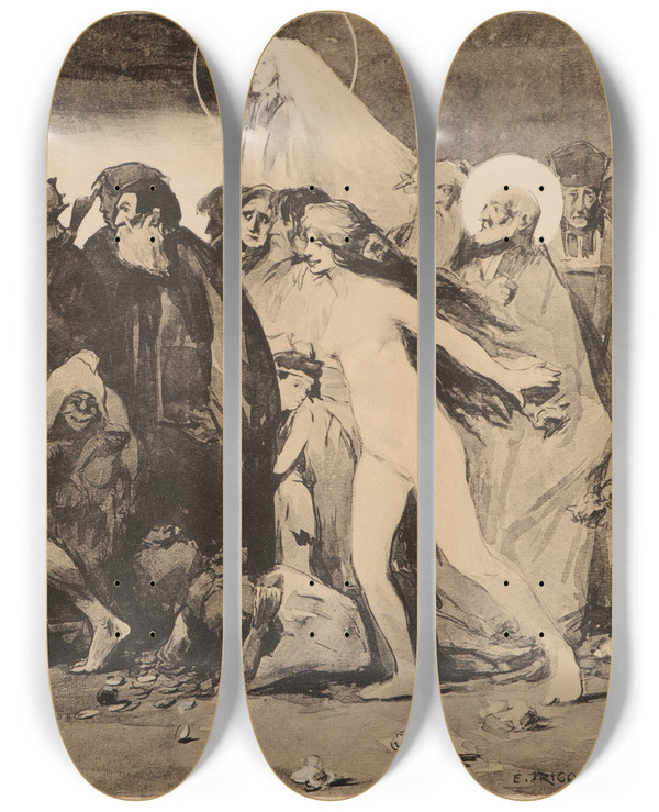 Triptych art skateboard deck of Eugne Trigoulet Le Chemin De La Mort by Eugene Trigoulet (1867-1910)
