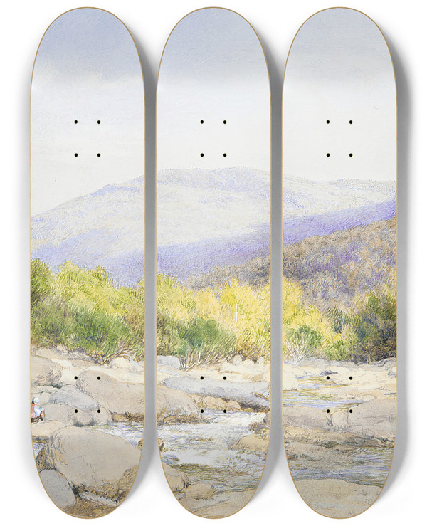Triptych art skateboard deck of John William Hill Landscape View On Catskill Creek by John William Hill (1812-1879)
