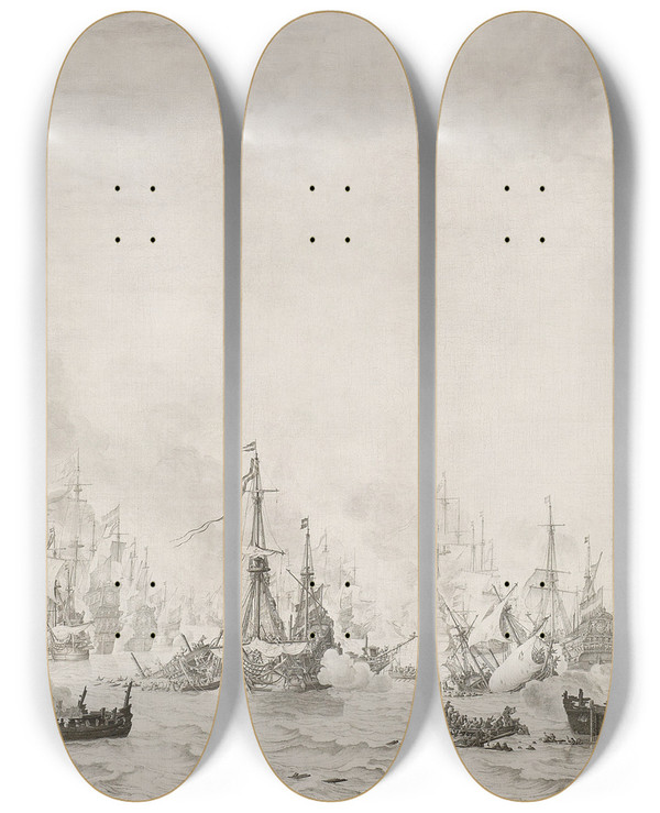 Triptych art skateboard deck of Willem Van De Velde The Elder The Battle Of The Downs by Willem van de Velde the Elder (1610-1693)