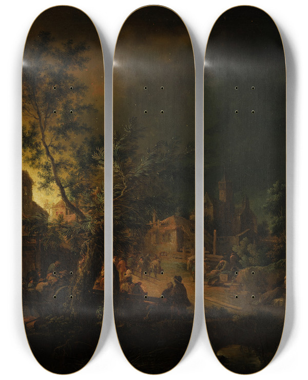 Triptych art skateboard deck of Johann Georg Trautmann Conflagration At Night_1 by Johann Georg Trautmann (1713-1769)