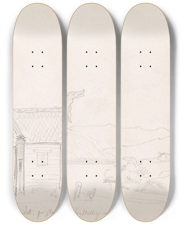 Triptych art skateboard deck of Adolph Tidemand Garmo Kirke by Adolph Tidemand (1814-1876)