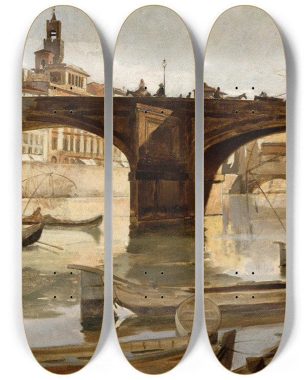 Triptych art skateboard deck of Frank Duveneck The Bridges Florence by Frank Duveneck (1848-1919)