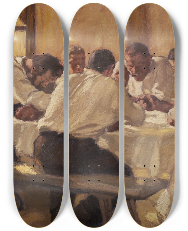 Triptych art skateboard deck of Albin Egger Lienz Lunch The Soup Version Ii by Albin Egger Lienz (1868-1926)