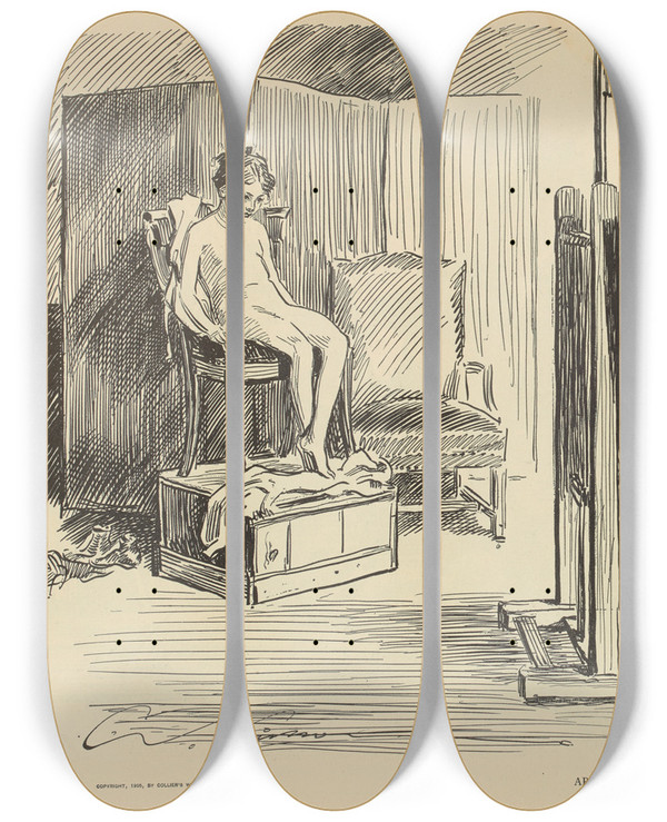 Triptych art skateboard deck of Charles Dana Gibson Art Is Long by Charles Dana Gibson (1867-1944)